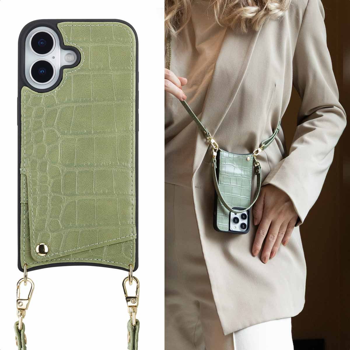 Een vrouw houdt een groene telefoonhoes met een riem vast. De hoes is in reliëf en de riem is goudkleurig. De vrouw draagt een beige blazer.