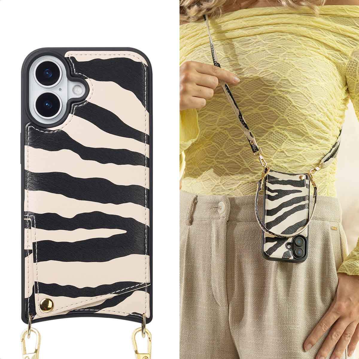 Een vrouw houdt een telefoonhoesje met zebraprint vast met een riem. De hoes is zwart en wit. Ze draagt een gele top en een beige broek.