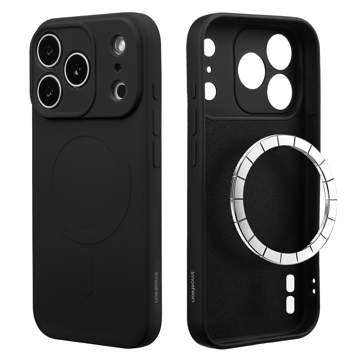 Deux coques de téléphone noires, une avec une découpe pour l'appareil photo et l'autre avec un anneau magnétique. Les deux portent le nom de la marque.