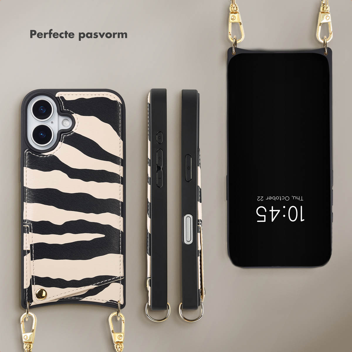 Telefoonhoesjes met zebraprint en telefoon met tijdweergave. Inclusief gouden kettingen. Zwart en beige kleurenschema.