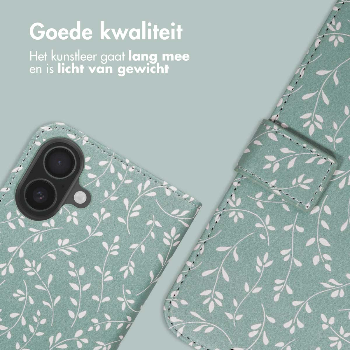 Eine türkisfarbene Handyhülle mit weißem Blumenmuster. Die Hülle ist geöffnet und zeigt ein Telefon. Der Text lautet 'Gute Qualität'.