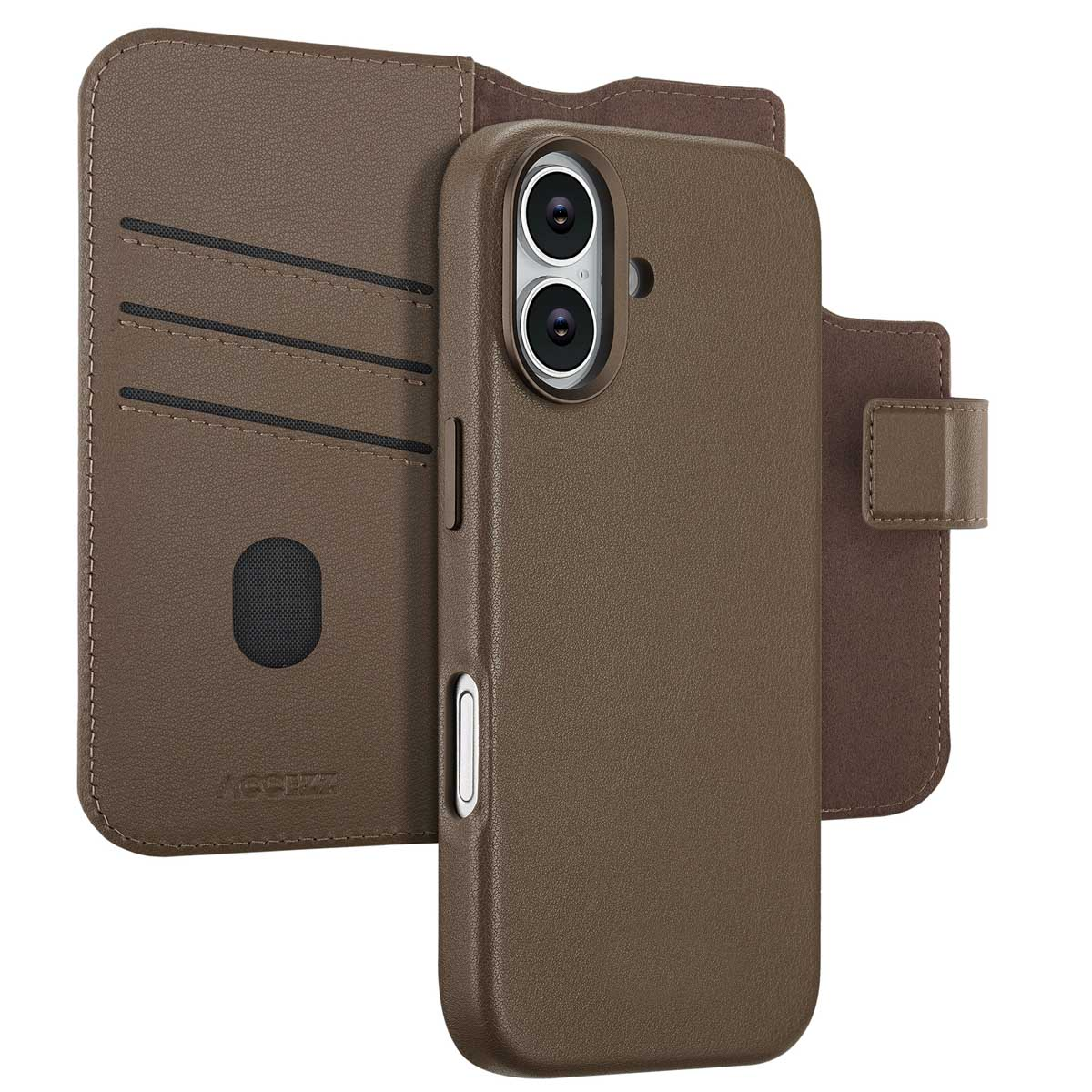 Een bruine leren telefoonhoes met portemonnee-ontwerp. Het heeft een telefoonhouder, kaartsleuven en een magnetische sluiting.
