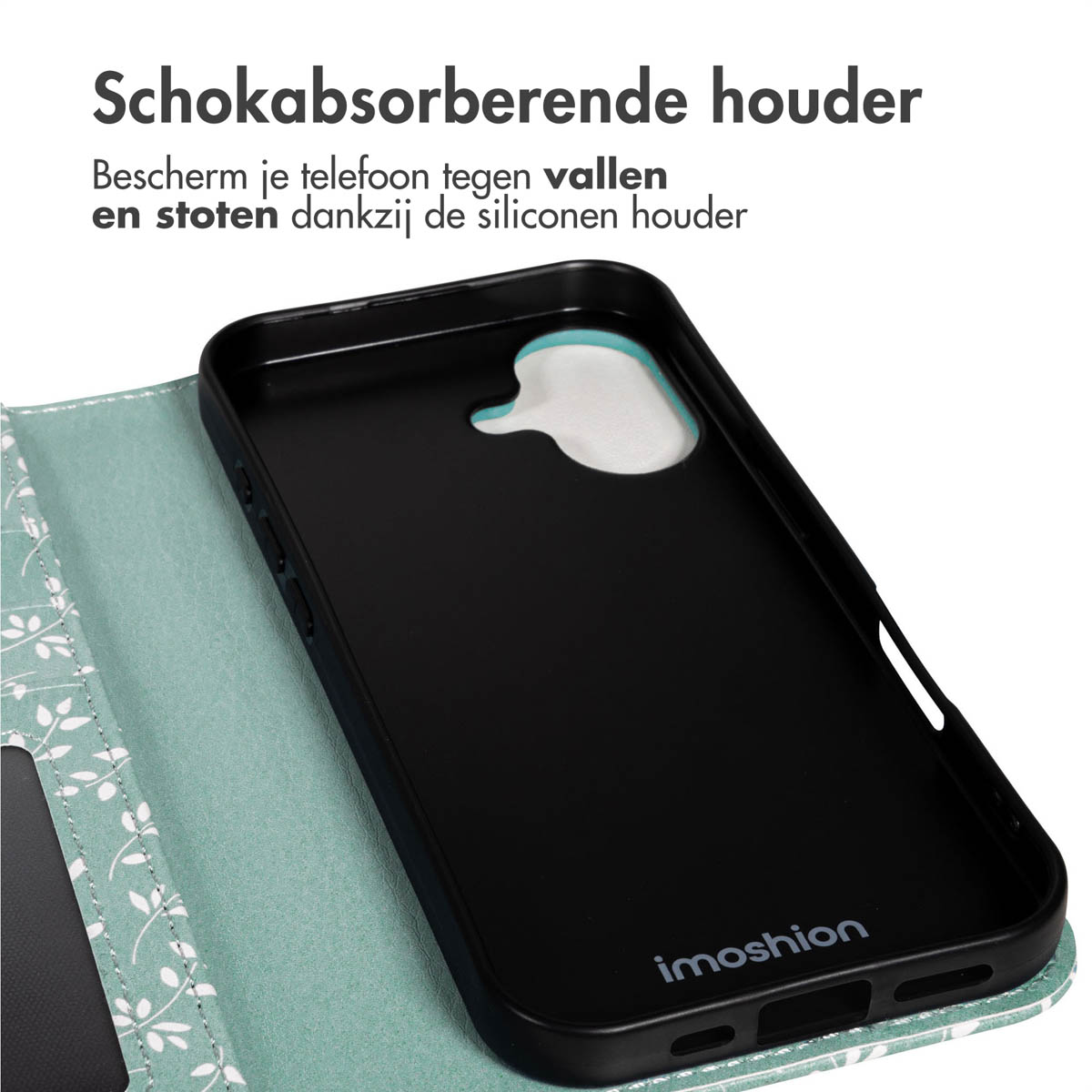 Schwarze Handyhülle mit weicher blau-grüner Blumenmuster-Abdeckung. Die Hülle ist geöffnet und zeigt einen weißen Bereich. Text: 'Schokabsorberende houder'.