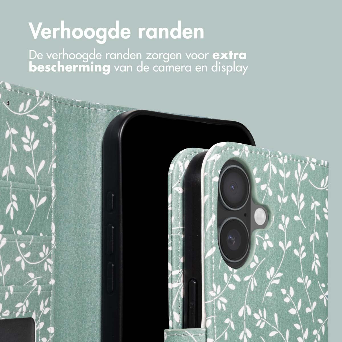 Ein Telefon in einer grünen Hülle mit weißem Blumenmuster. Die Hülle ist geöffnet und zeigt die Kamera und den Bildschirm des Telefons.