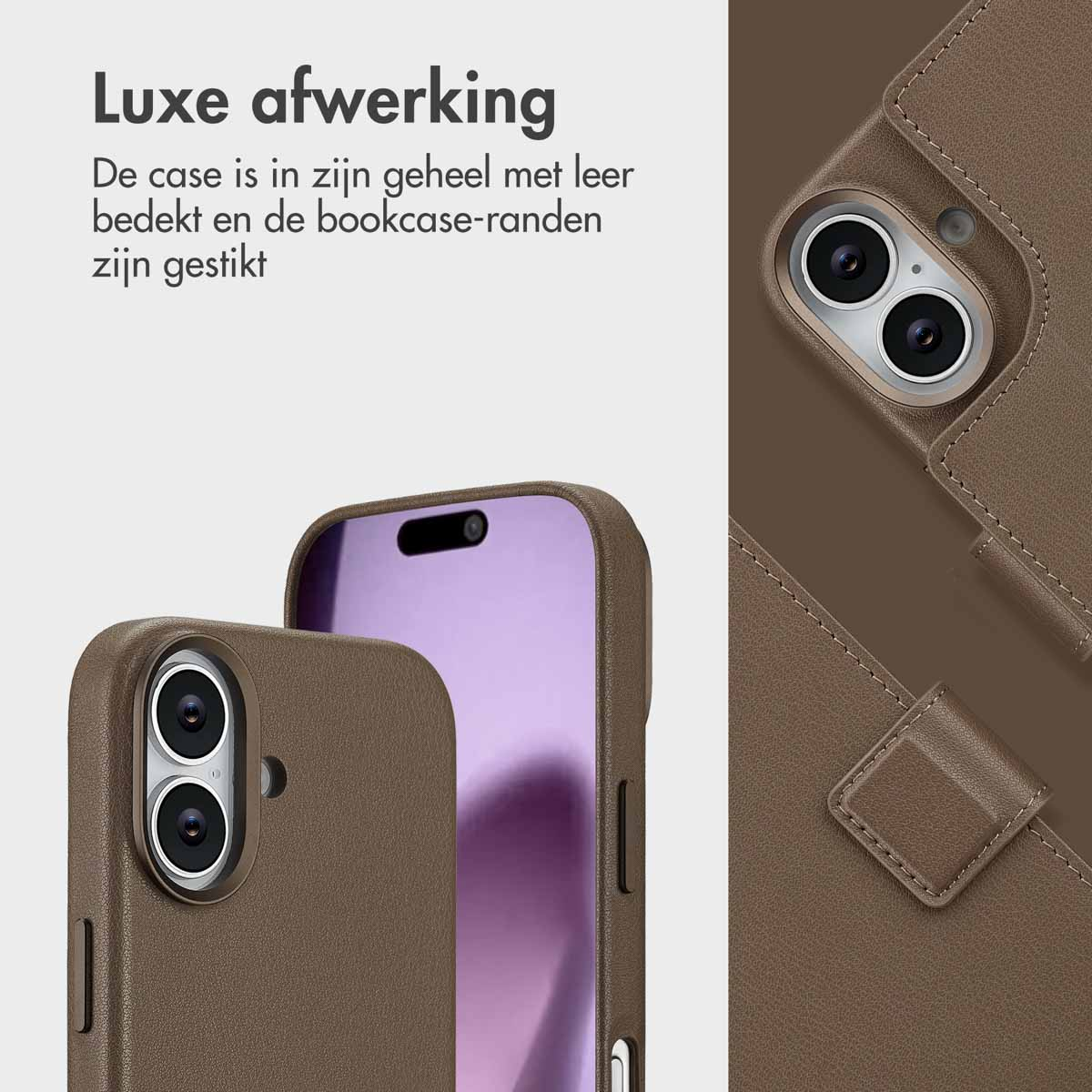 Close-up van telefoonhoesjes van bruin leer. Eén hoesje toont cameralenzen, de andere een scherm. De achtergrond is een leren hoesje.