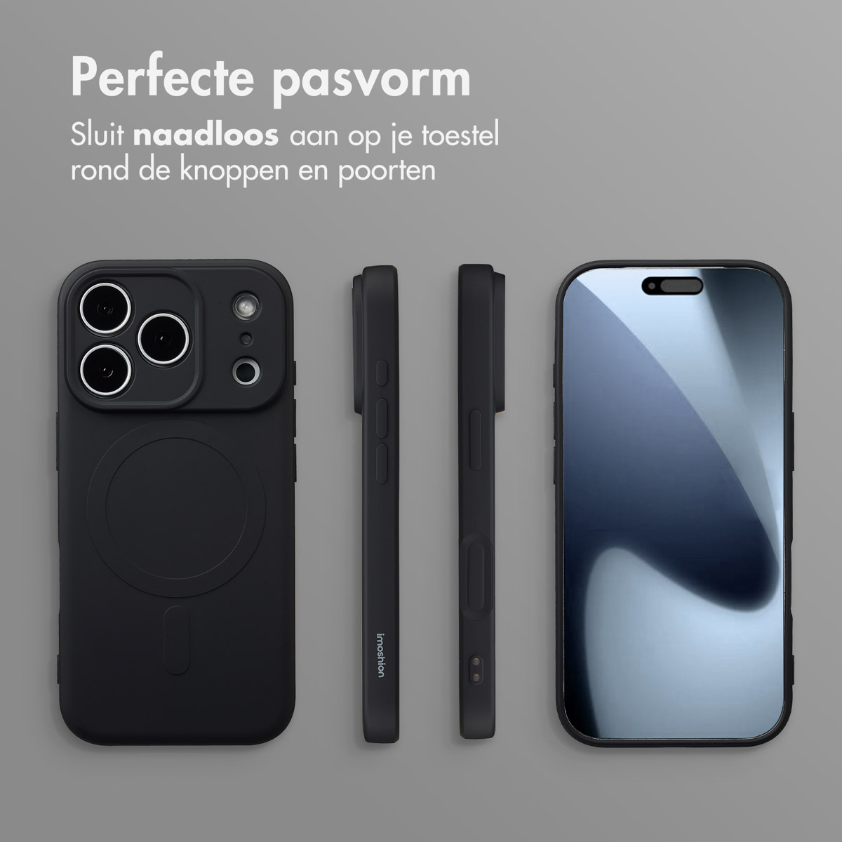 L'image montre trois étuis de téléphone noirs et un téléphone. Les étuis sont disposés pour montrer l'avant, le côté et un téléphone avec un protecteur d'écran.