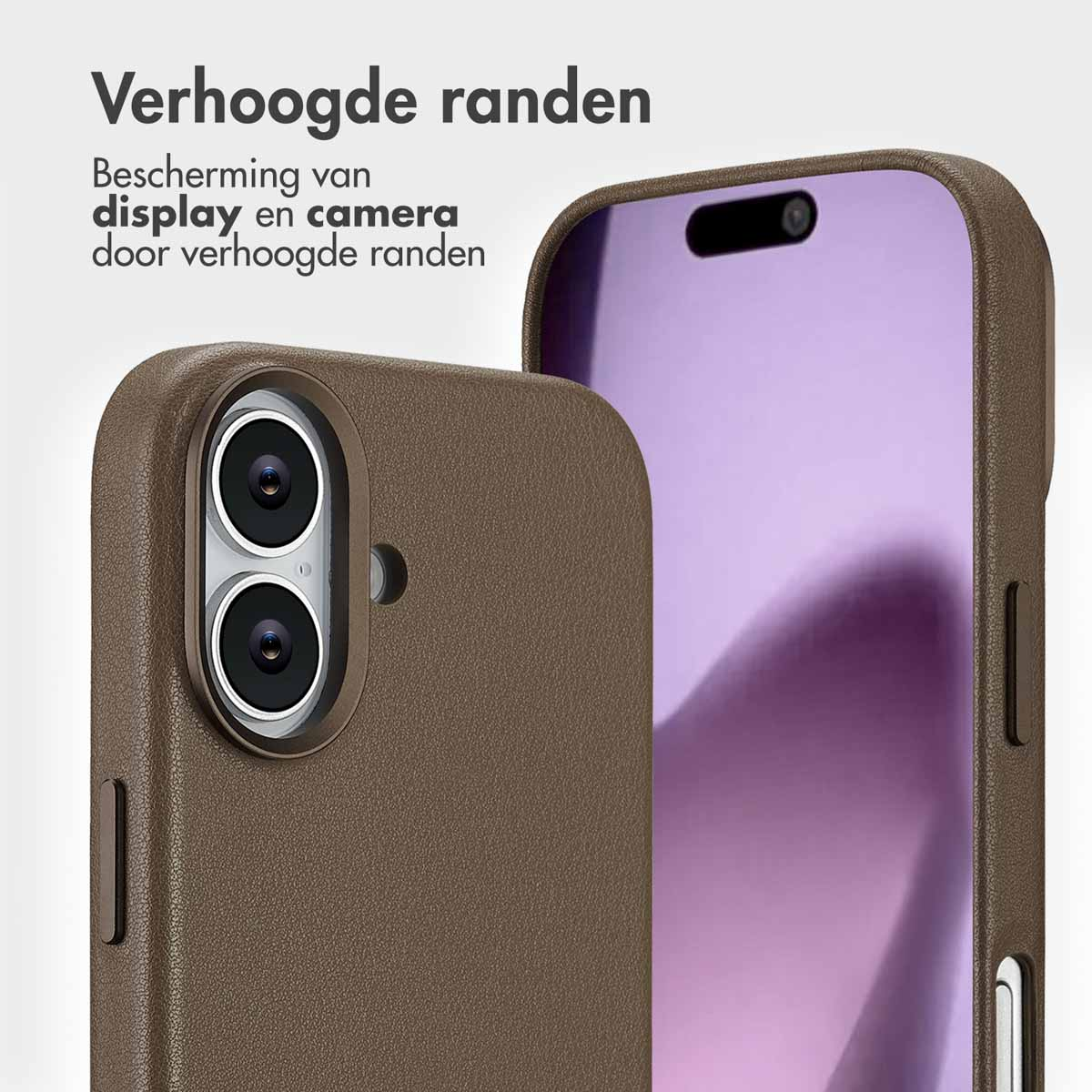 Bruine telefoonhoes met verhoogde randen die het scherm en de camera beschermen. Een paars telefoonscherm is zichtbaar.