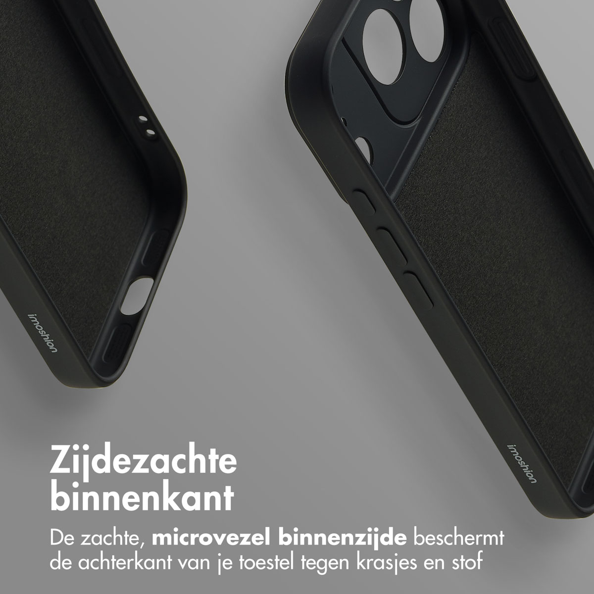 Deux étuis noirs pour téléphone avec intérieurs doux. Les étuis sont sur fond gris, un ouvert et un fermé.