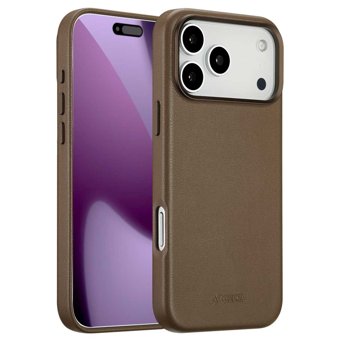 Een bruine telefoonhoes wordt getoond, met een paarse schermbeschermer. De hoes heeft een uitsparing voor de camera en de merknaam.
