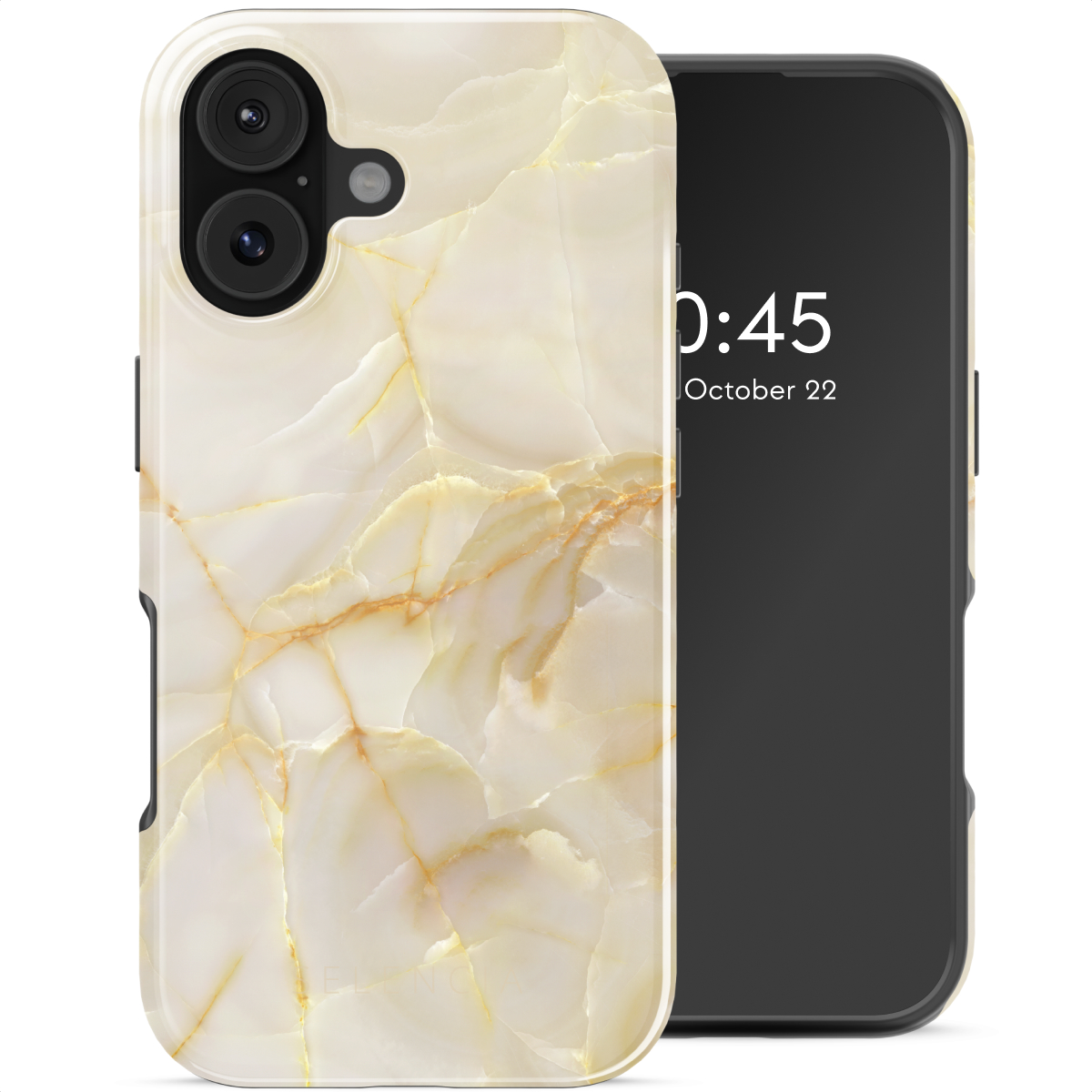 Telefoon met marmerpatroon hoesje. Display toont tijd en datum. Hoesje heeft cameralenzen.