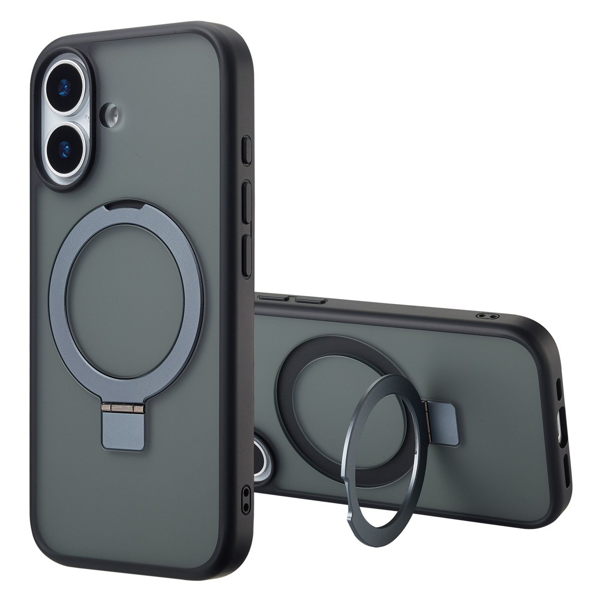 Deux coques de téléphone. La première est verticale, la seconde horizontale. Les deux ont un support annulaire. Les couleurs dominantes sont le gris et le noir.