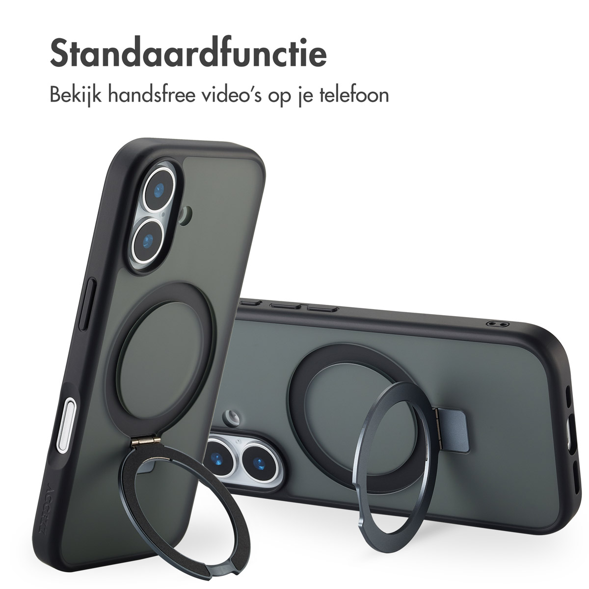 Deux étuis de téléphone avec des supports d'anneau. L'un est debout, l'autre est couché. Les deux étuis sont vert foncé et noirs.