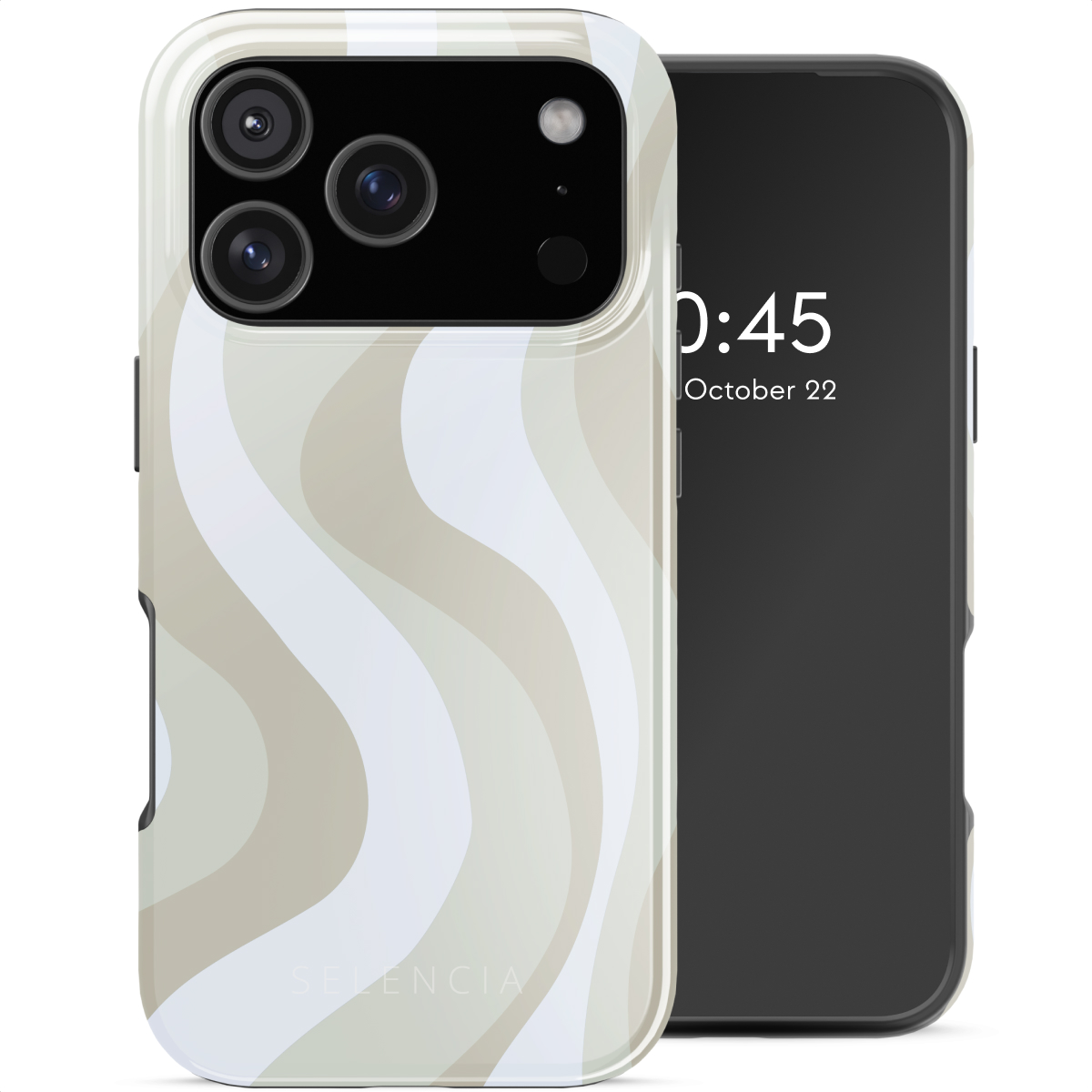 Un téléphone avec une coque à motifs ondulés beige et blanc. L'écran du téléphone affiche l'heure 0:45 et la date du 22 octobre.