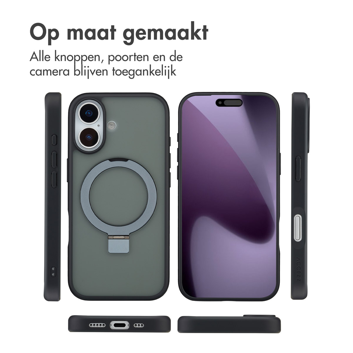 Une coque de téléphone portable avec un support d'anneau. L'étui est affiché sous plusieurs angles, et le texte 'Op maat gemaakt' est visible.