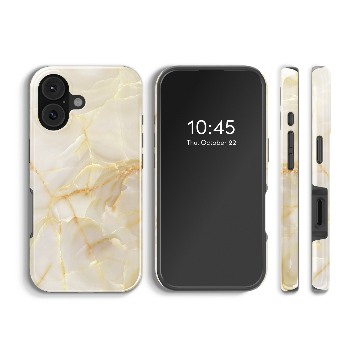 Een smartphone met een hoesje met marmertextuur, waarop het scherm met de tijd 10:45 wordt weergegeven. De hoes is in drie verschillende weergaven.