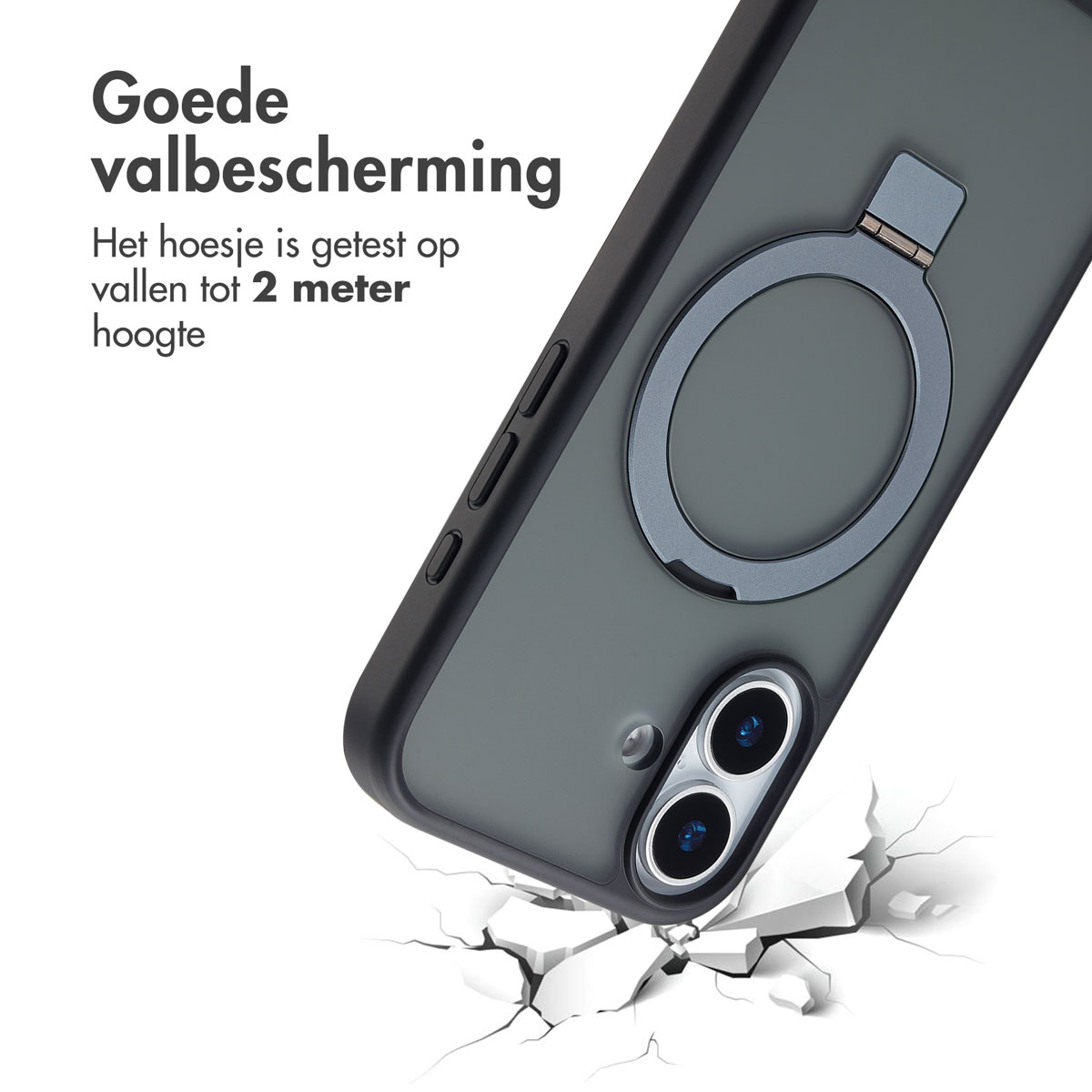 Une coque de téléphone gris foncé avec un porte-anneau, posée sur une surface fissurée. Texte : 'Bonne protection contre les chutes'. Testé pour une chute de 2 mètres.
