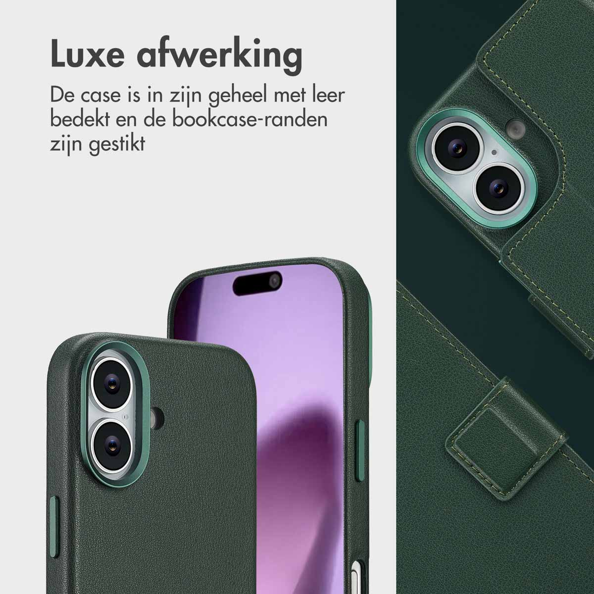 Groene leren telefoonhoesjes. Eén open, met de camera en het paarse scherm, een andere gesloten. De achtergrond is ook groen.
