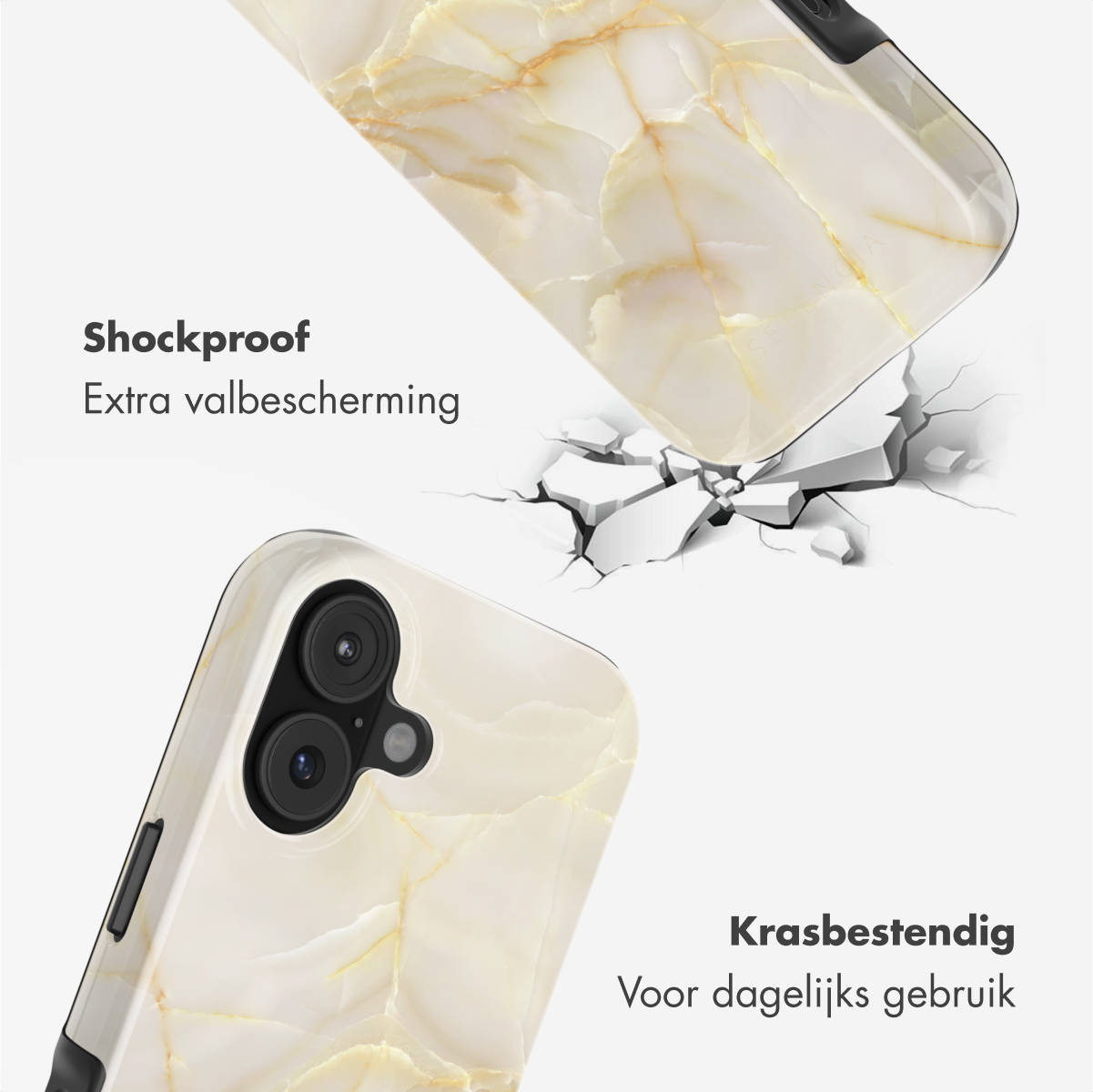 Telefoonhoesje met marmer design. Tekst: Schokbestendig, krasbestendig. Afbeelding van de hoes die een oppervlak breekt, duurzaamheid tonend.