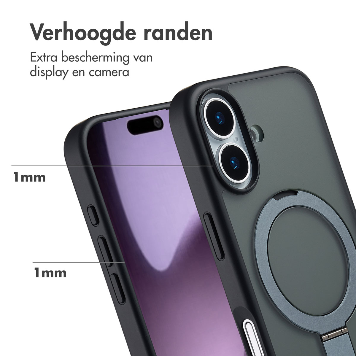 Gros plan sur une coque de téléphone. L'étui est gris foncé avec un support d'anneau. Le texte dit 'Verhoogde randen' et 'Extra bescherming'.
