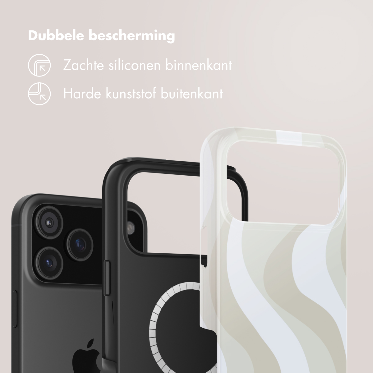 Drie telefoonhoesjes: zwart, zwart met witte cirkel en wit met golvende beige strepen. Tekst in het Nederlands: 'Dubbele bescherming'.