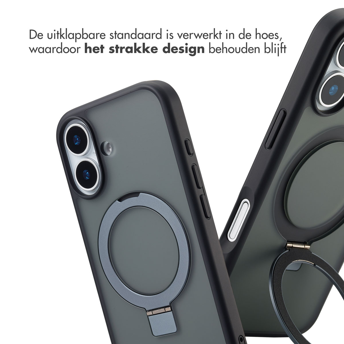 Deux coques de téléphone avec un support en anneau. L'une est ouverte, montrant l'anneau. L'autre coque est fermée. Texte en néerlandais.