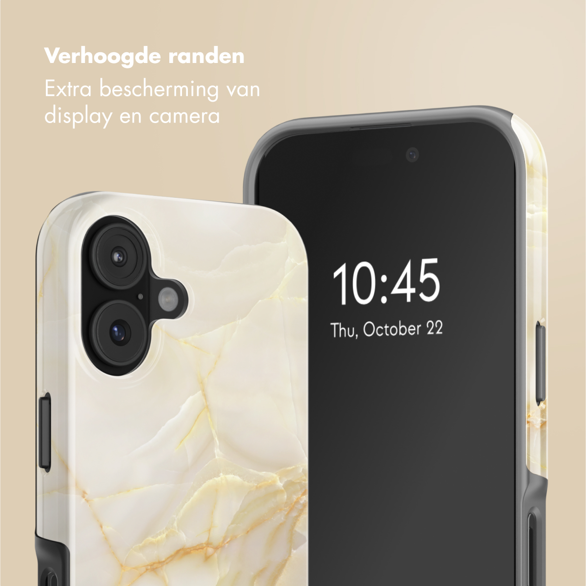 Twee telefoonhoesjes, één met het telefoonscherm met de tijd, de andere met een marmerachtig ontwerp en camera.