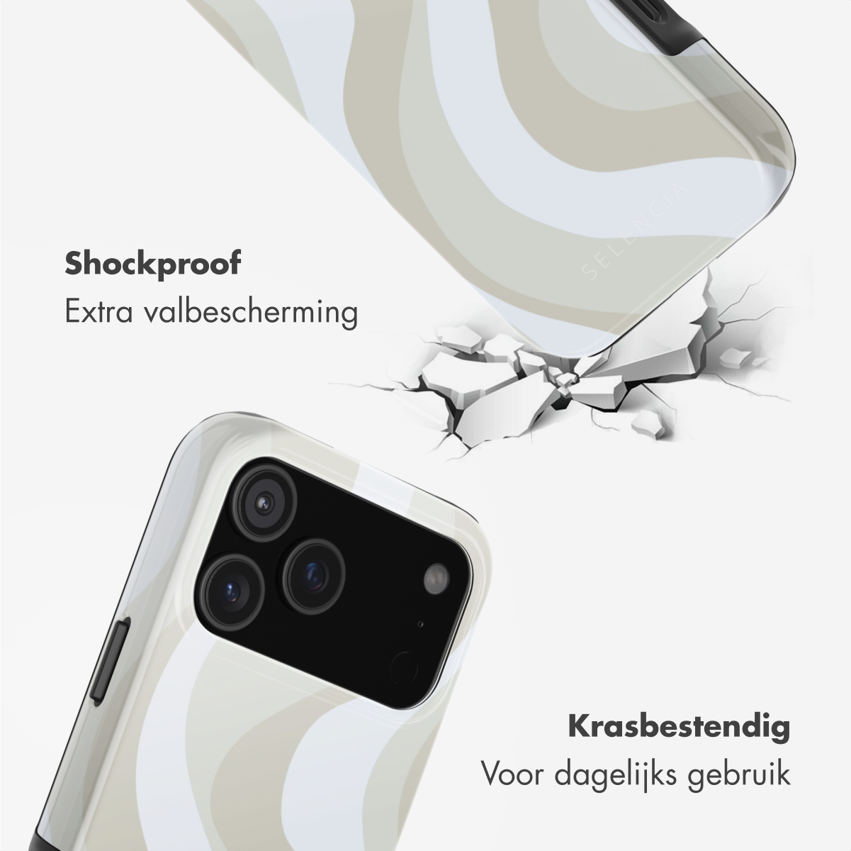 Coque de téléphone avec un motif de vagues. Un étui semble tomber, brisant la surface en dessous. Le texte dit antichoc et résistant aux rayures.