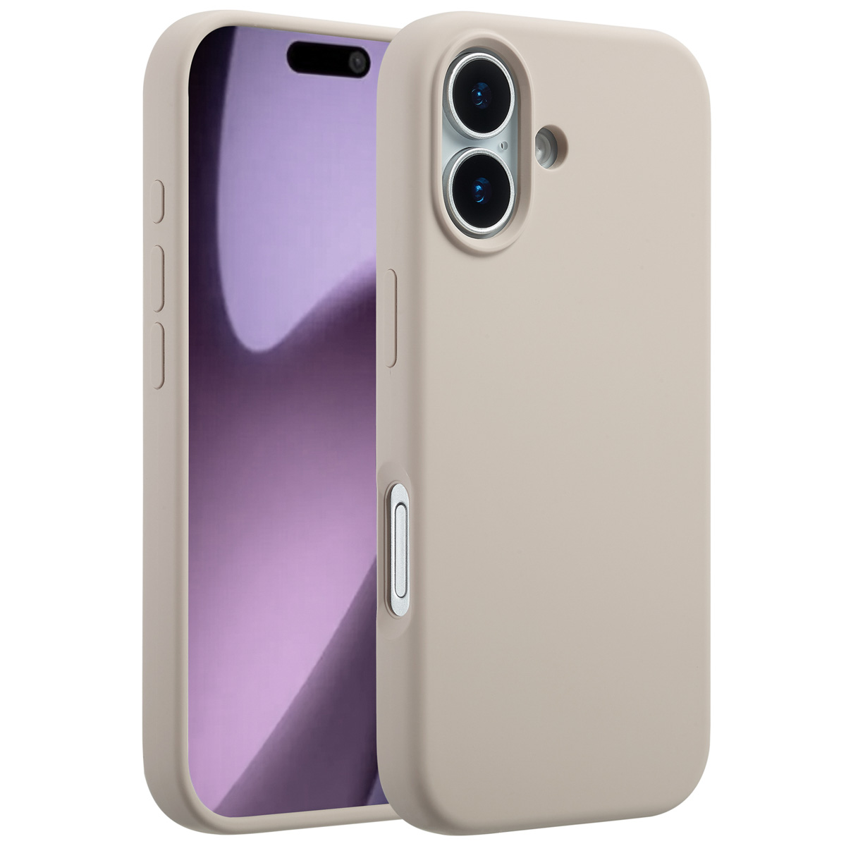 Een beige telefoonhoesje naast een telefoon met een paars scherm. De hoes heeft camera gaten en knoppen.