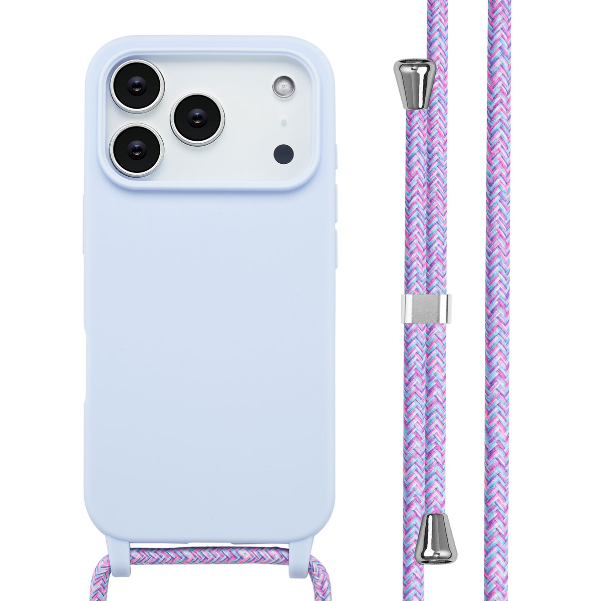 Eine hellblaue Handyhülle mit drei Kameralinsen und einem gewebten rosa-blauen Riemen ist sichtbar, mit Metalldetails.
