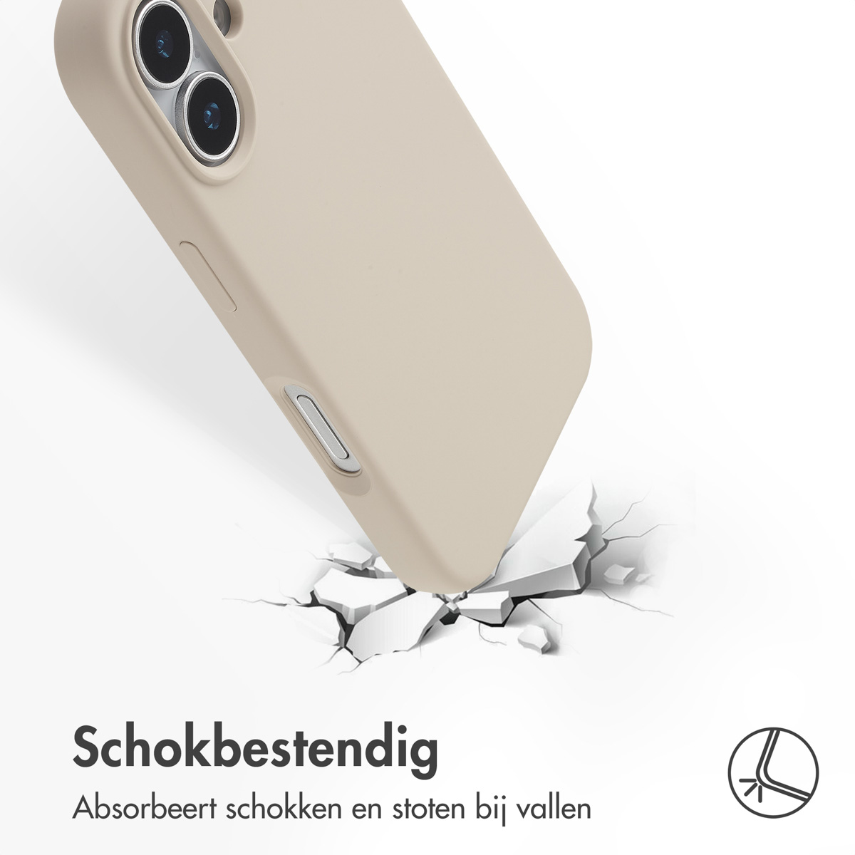 Beige telefoonhoes die een oppervlak raakt, waardoor het barst. De hoes heeft cameralenzen en knoppen. Tekst geeft schokbestendigheid aan.