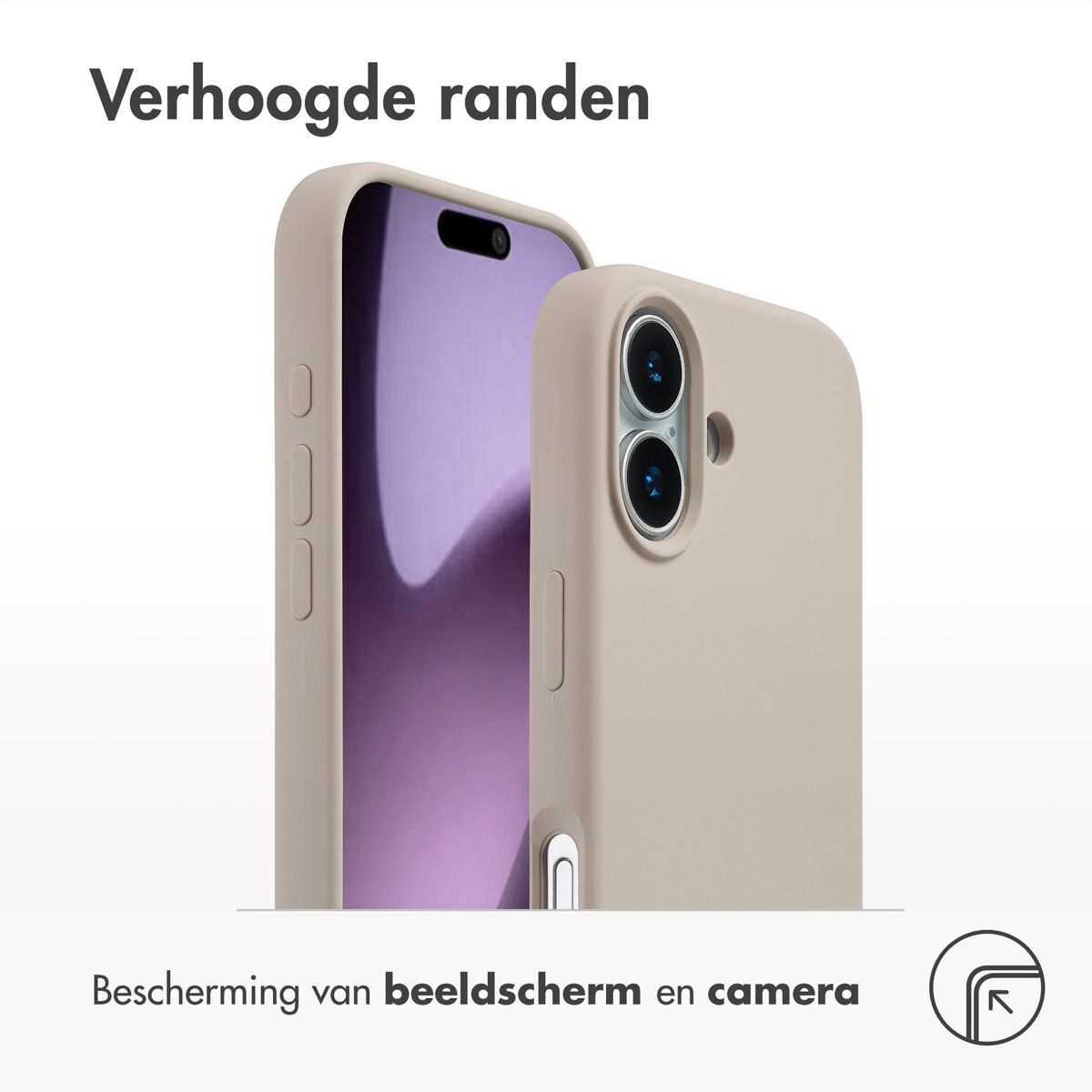 Twee beige telefoonhoesjes tonen scherm- en camerabescherming. Tekst: 'Verhoogde randen' en 'Scherm- en camerabescherming'.