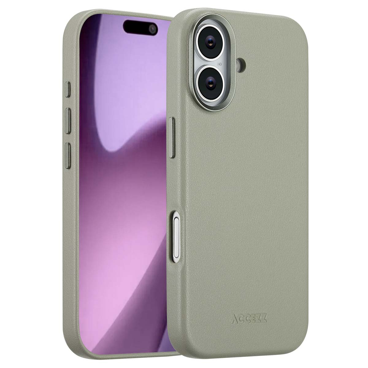 Een smartphone in een groene hoes. Het scherm van de telefoon is zichtbaar en de hoes heeft knoppen en een cameramodule.