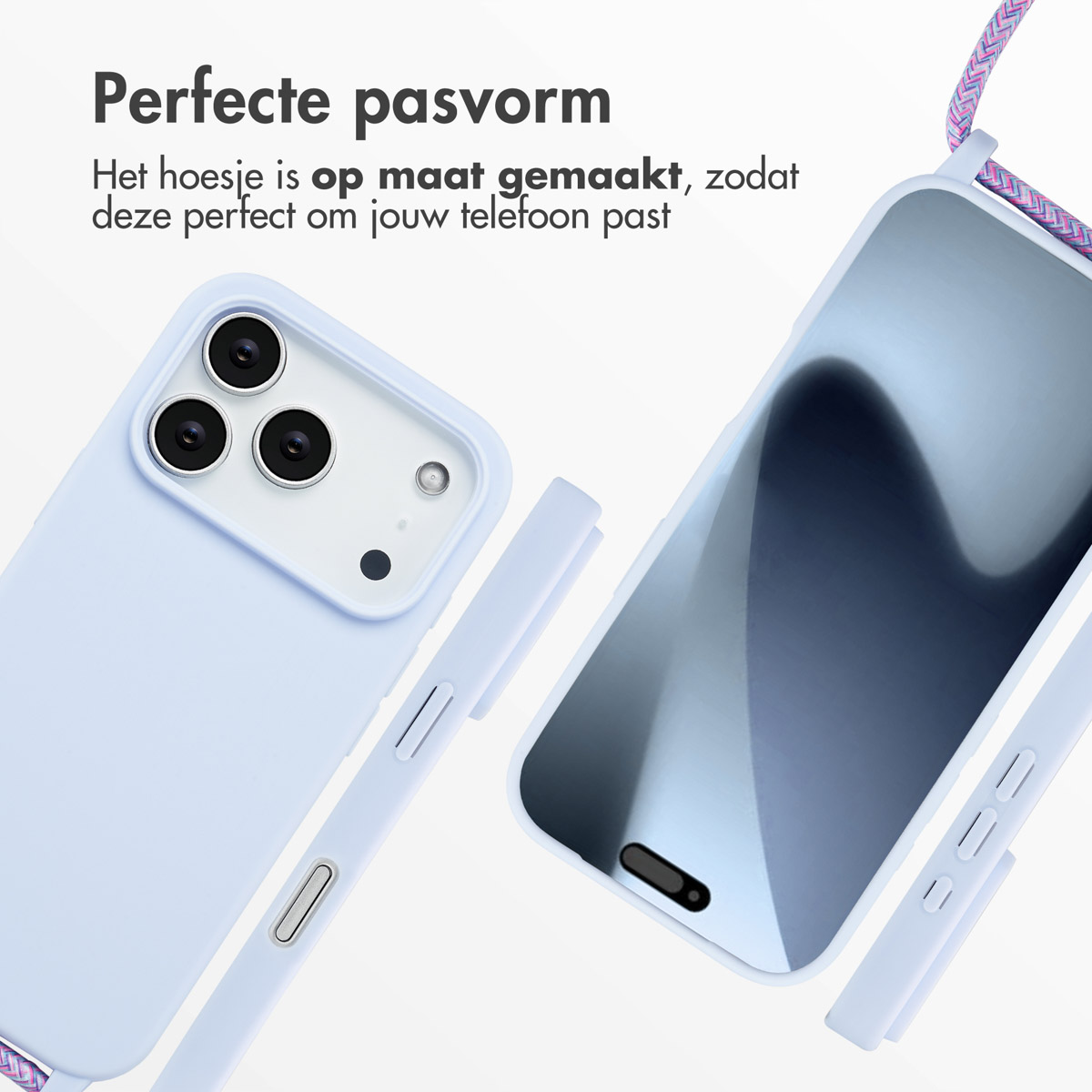 Eine hellblaue Handyhülle mit passendem Riemen. Die Hülle hat einen Kameraausschnitt und ist angewinkelt, was ihre perfekte Passform zeigt.