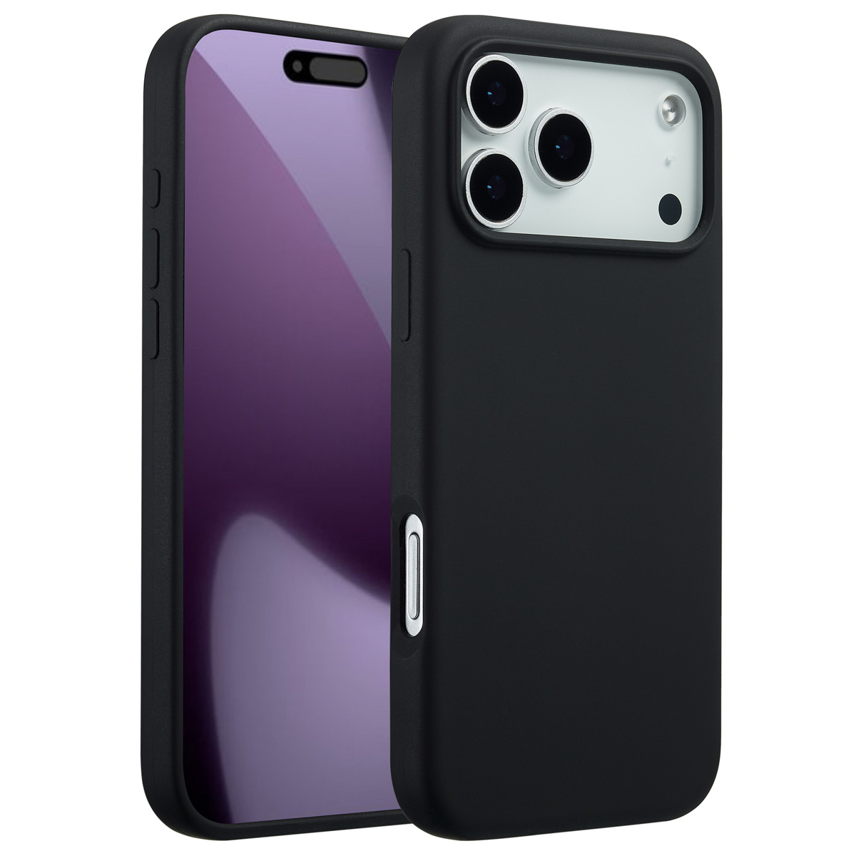 Twee zwarte telefoonhoesjes met een paarse schermbeschermer. Eén hoesje bedekt de telefoon. De andere ligt ernaast.