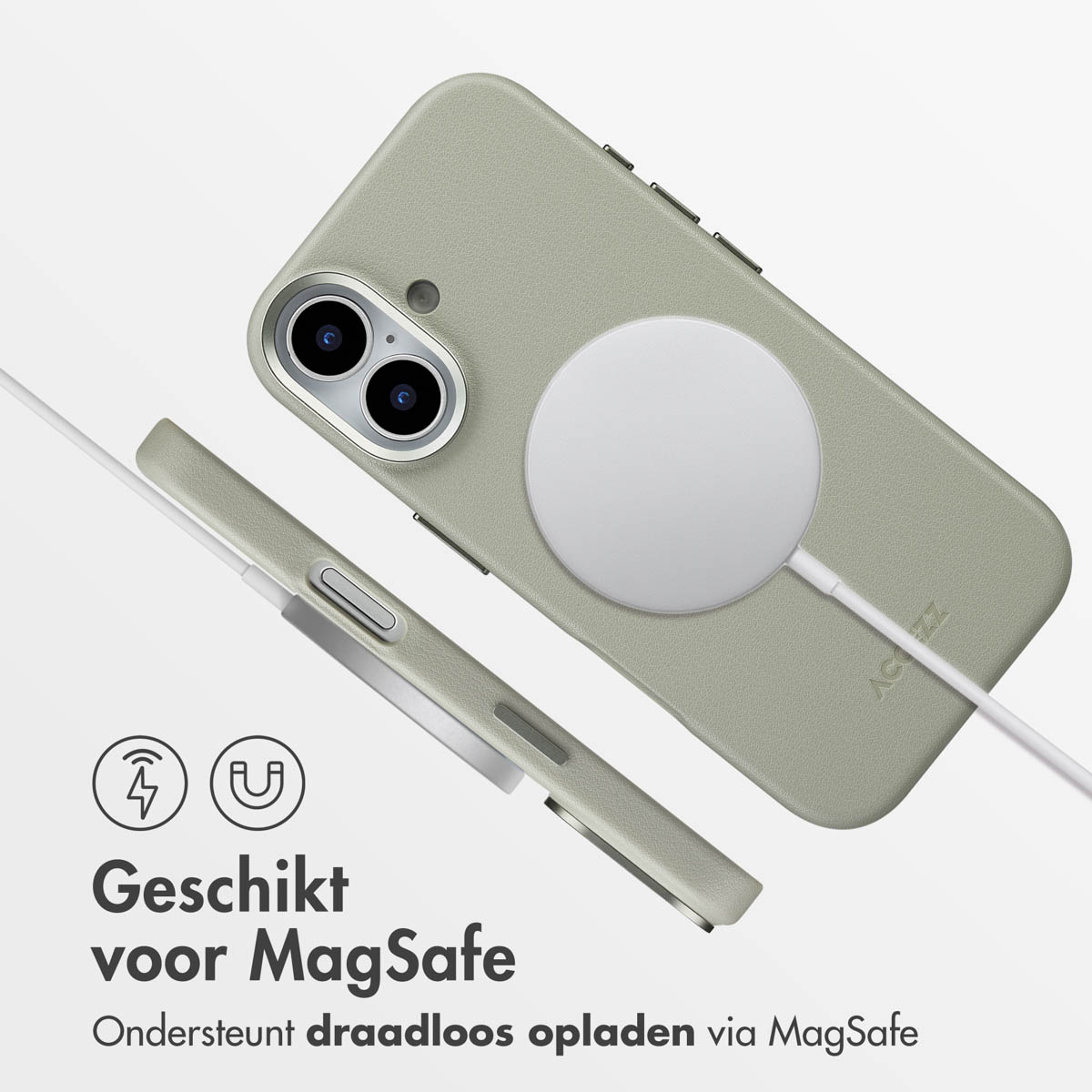 Een iPhone in een groene hoes met een MagSafe-oplader. Tekst: 'Geschikt voor MagSafe' en 'Ondersteunt draadloos opladen via MagSafe'.