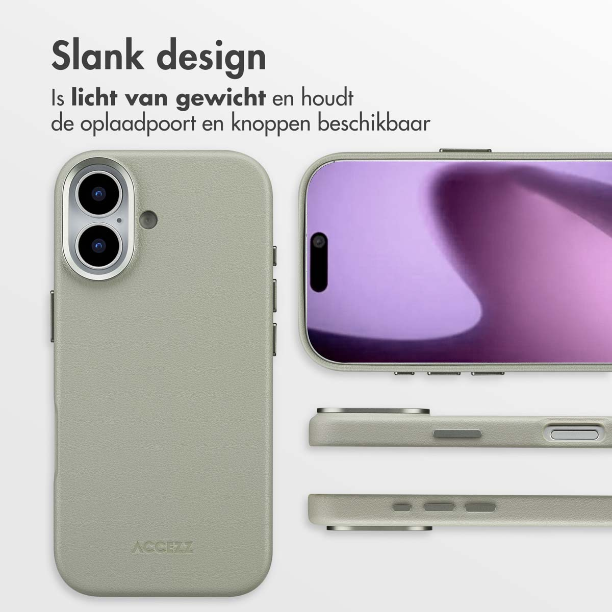 Telefoonhoesje met een telefoon erin. De hoes is lichtgroen en heeft de merknaam ACCEZZ. Delen van de telefoon zijn zichtbaar.
