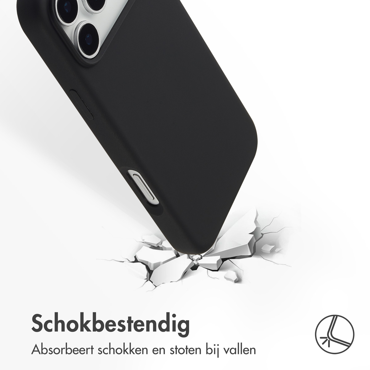 Een zwarte telefoonhoes stoot tegen een oppervlak, waardoor het barst. De cameralenzen zijn zichtbaar. Tekst: "Schokbestendig".