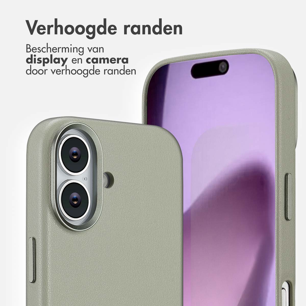 Close-up van een telefoonhoesje. Het is lichtgroen, met een telefoon erin. De Nederlandse tekst vermeldt de bescherming van het display en de camera.