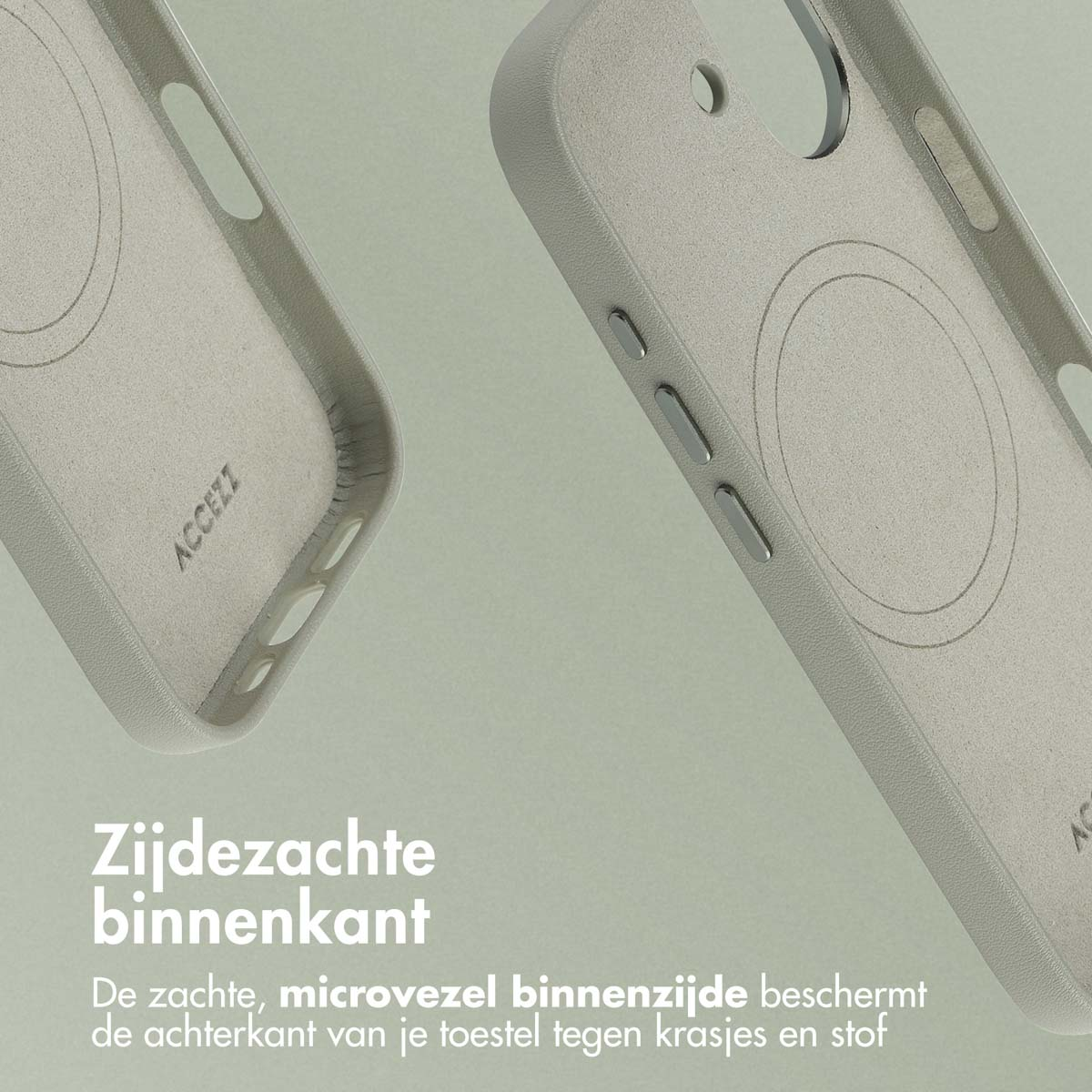 Close-up van twee lichtgrijze telefoonhoesjes. Eén staat schuin en toont de zachte binnenkant. Tekst zegt 'zachte binnenkant' en beschermt tegen krassen en stof.
