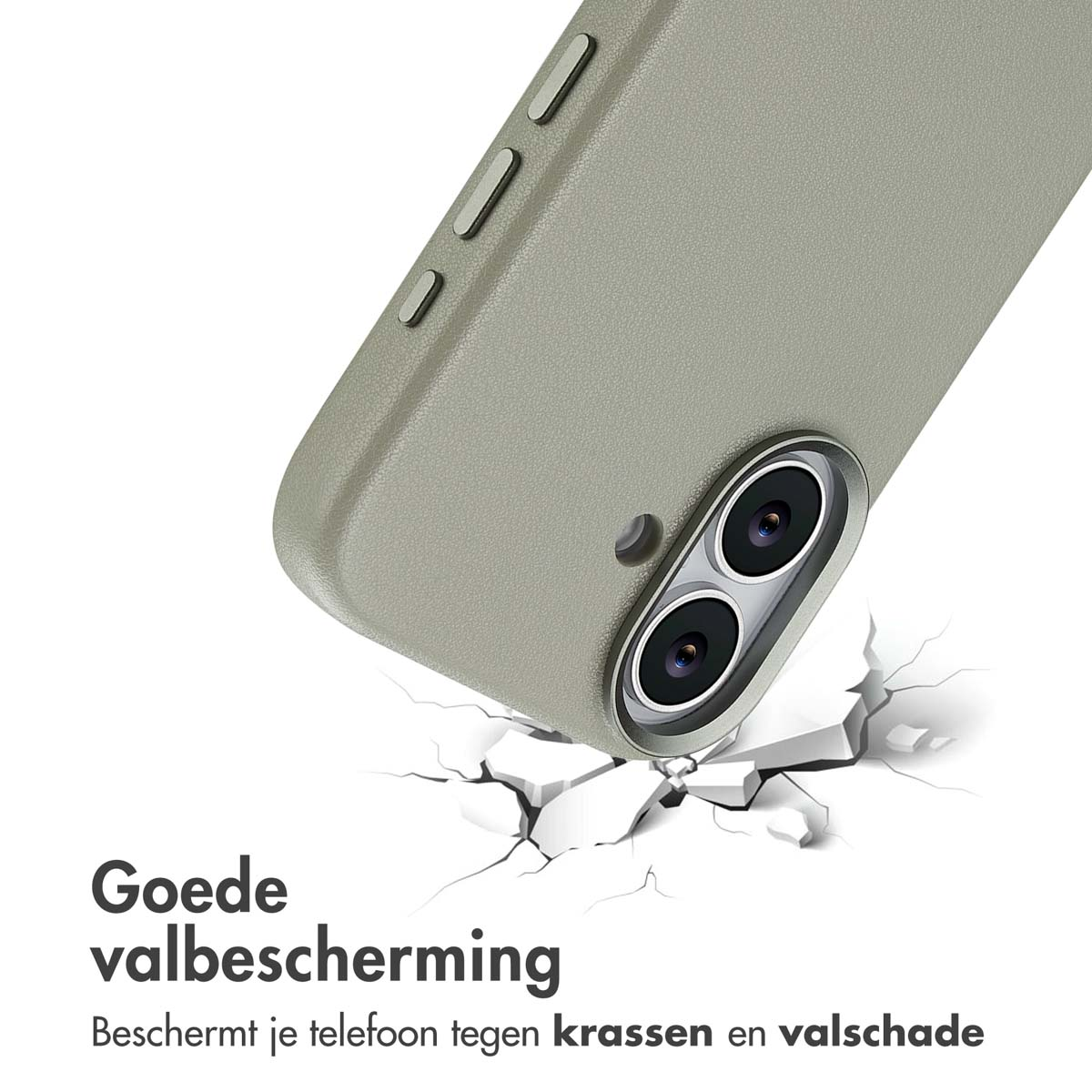 Een grijze telefoonhoes valt en barst de grond. De tekst luidt 'Goede valbescherming'.