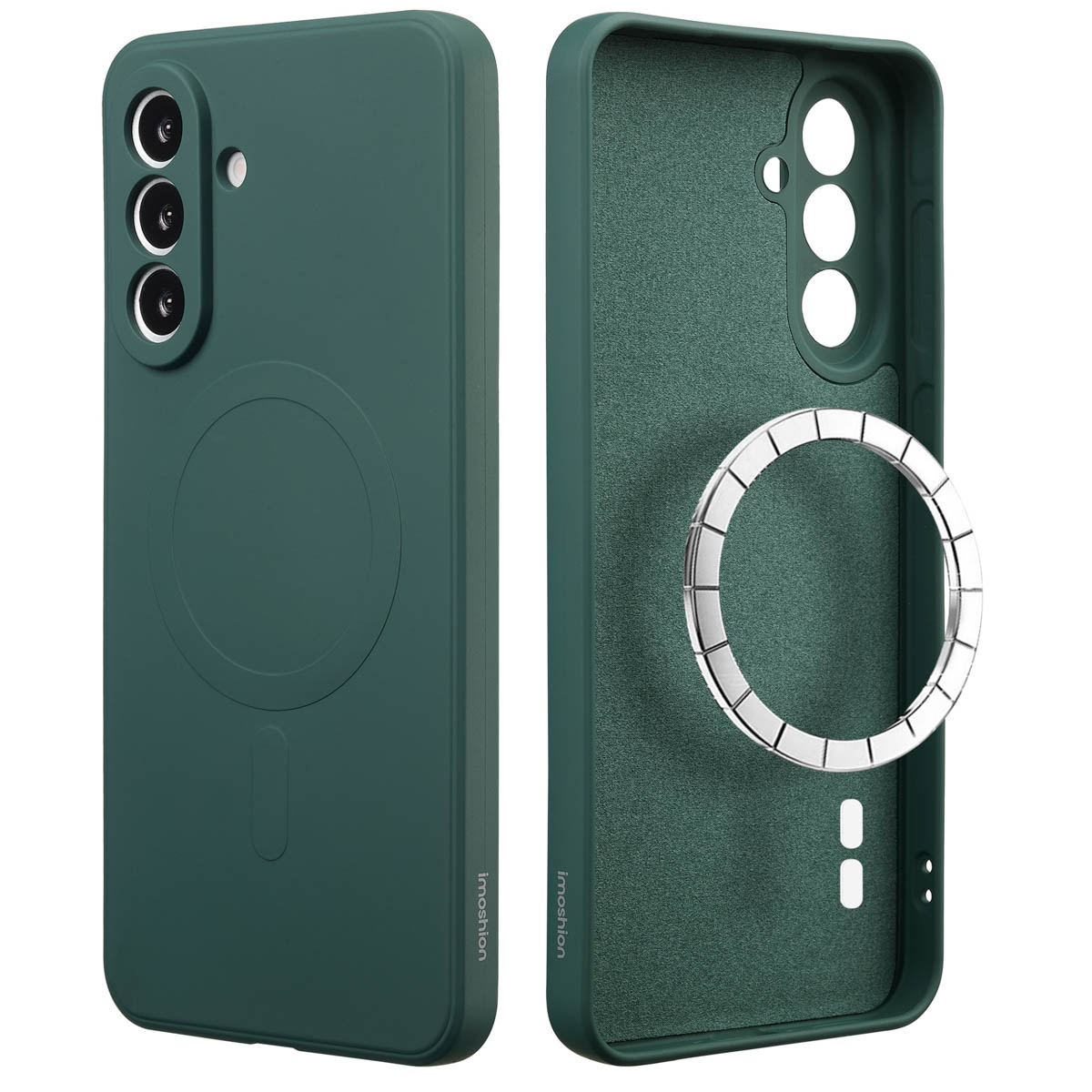 Twee donkergroene telefoonhoesjes. Eén is gesloten, de andere open met een zilveren ring. Beide hebben camera-uitsparingen en het merk 'imoshion'.