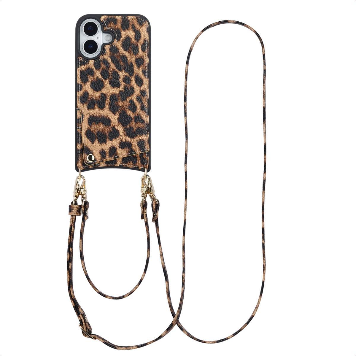 Een telefoonhoesje met luipaardprint en een riem. De hoes is met gouden haken aan een riem bevestigd en heeft een kaartsleuf.
