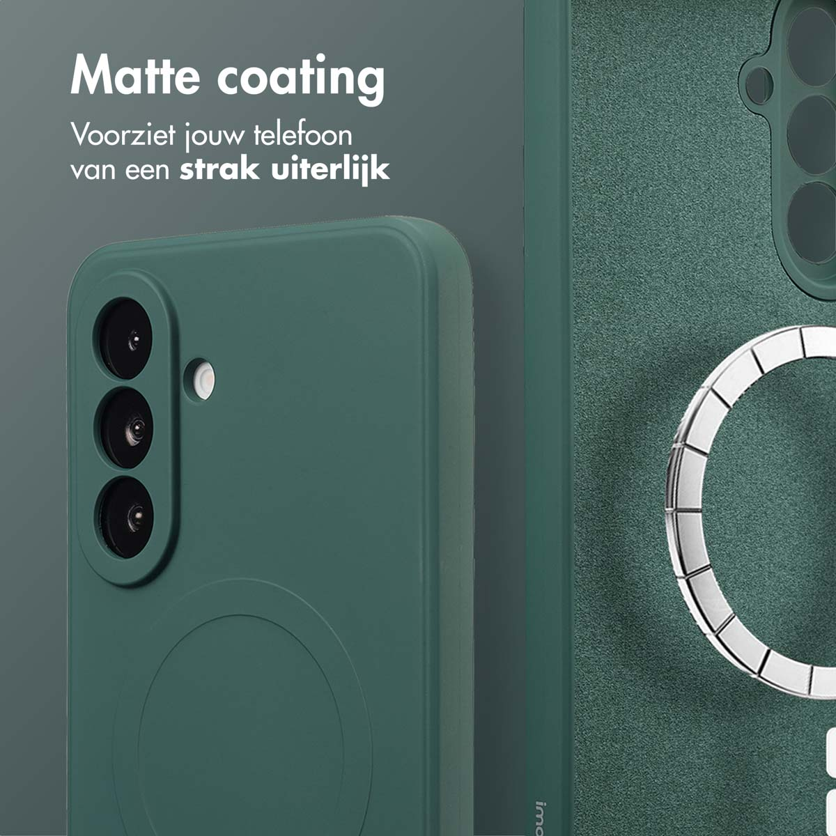 Close-up van groene telefoonhoesjes, één glad en één getextureerd. De hoes heeft een cameramodule en een magnetische ring.