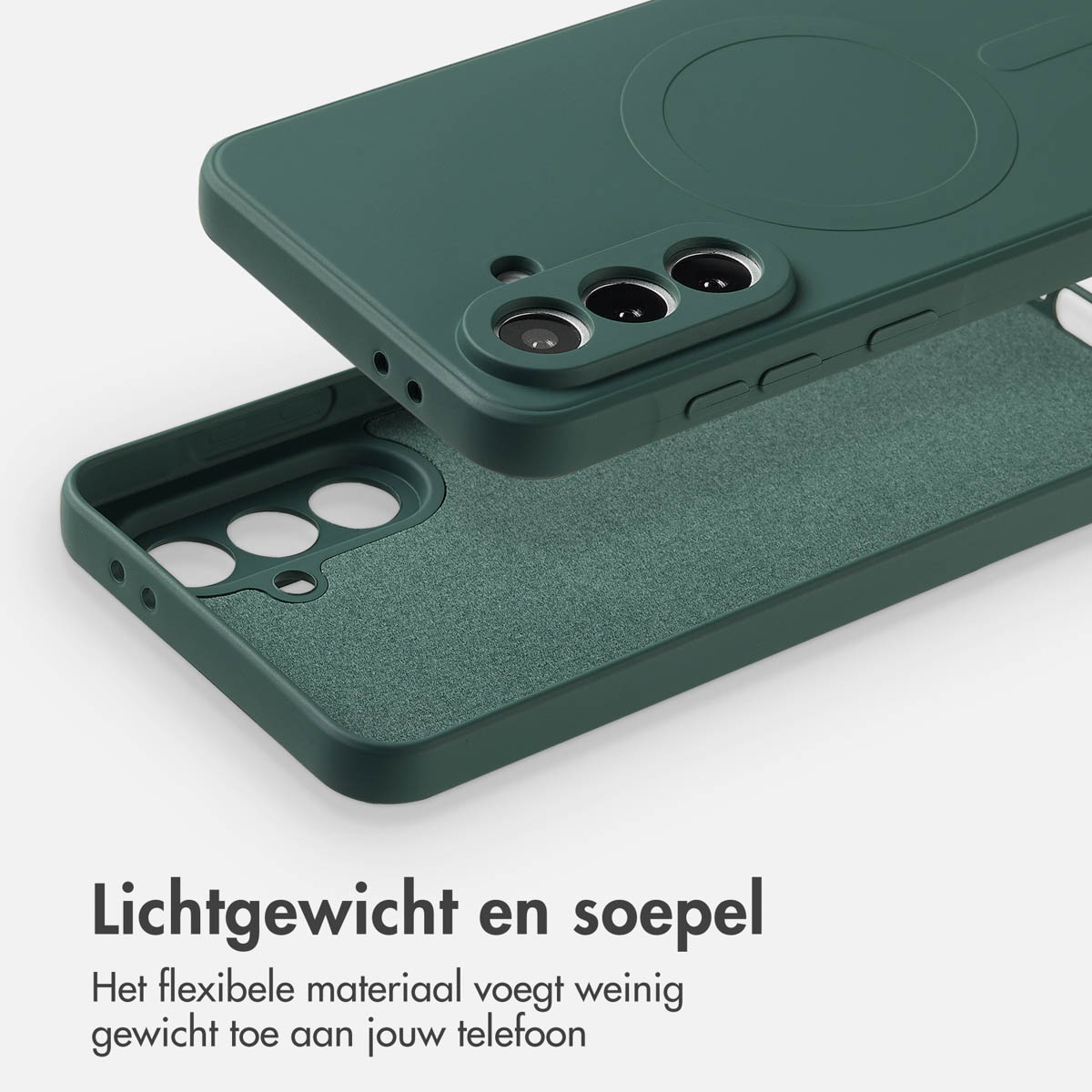 Groene telefoonhoes met camera-uitsparingen, in twee delen, de ene boven de andere. Tekst onderaan: 'Lichtgewicht en soepel'.