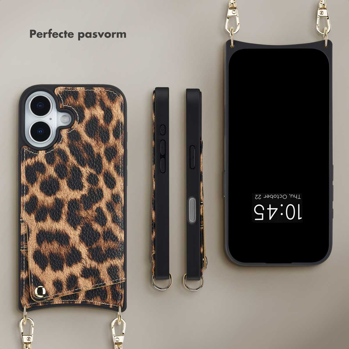 Een telefoonhoesje met luipaardprint, een telefoon en twee zijkanten, allemaal met goudkleurige bevestigingen en een schouderriem.