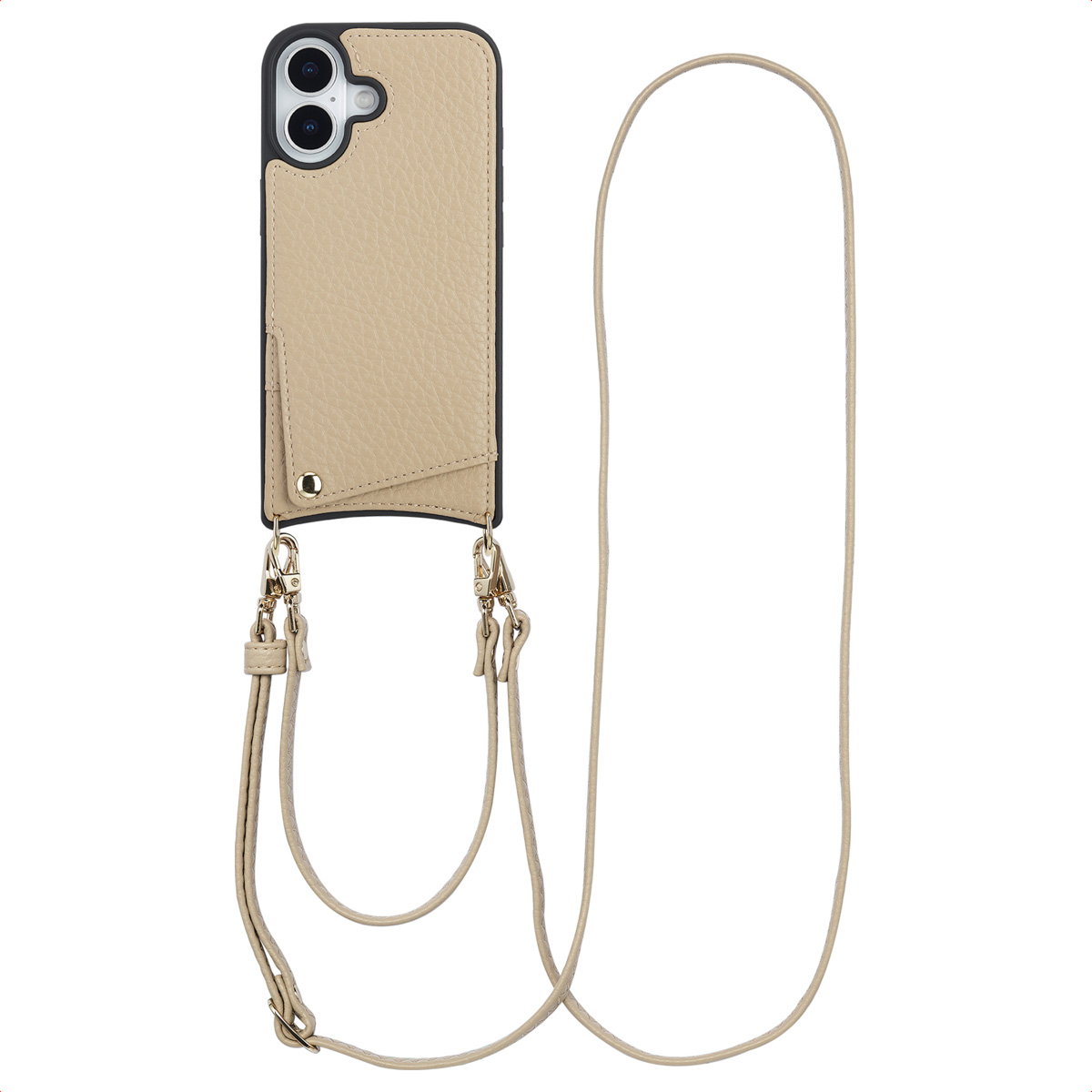 Een beige telefoonhoesje met een bandje. De hoes heeft een portemonnee en is bevestigd aan een lange beige band met gouden sluitingen.