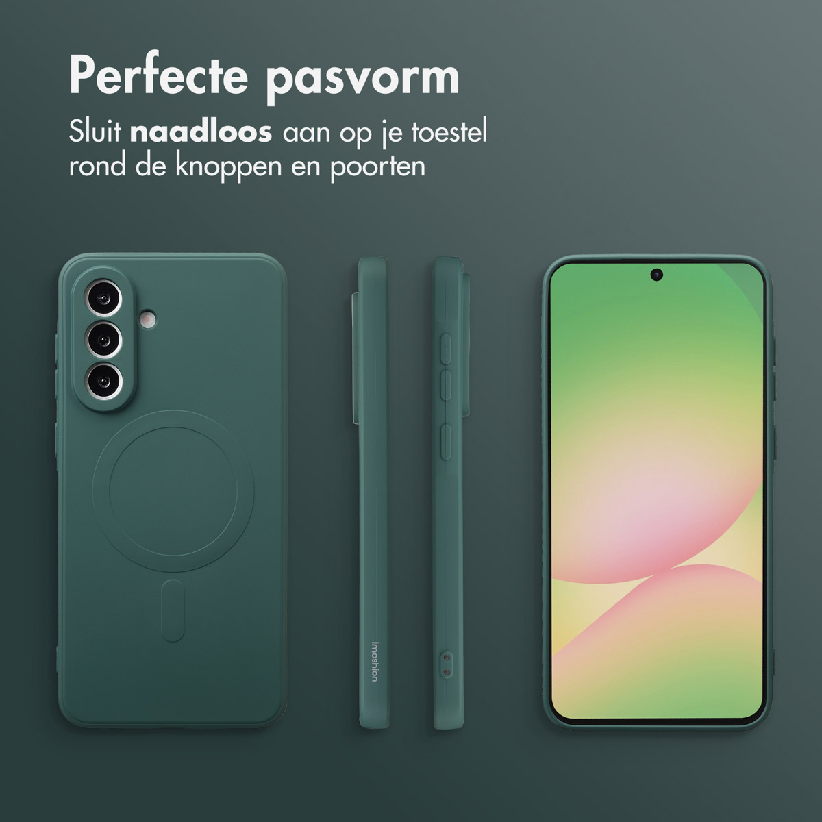 Groene telefoonhoes en telefoon. De hoes en telefoon worden vanuit verschillende hoeken getoond. Tekst bovenaan zegt 'Perfecte pasvorm'.