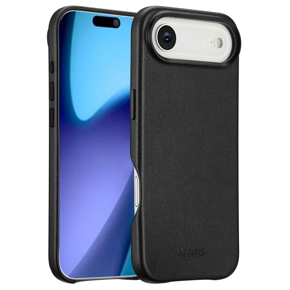 Twee zwarte telefoonhoesjes. Eén met de telefoon en het scherm aan, de andere met een uitsparing voor de camera.