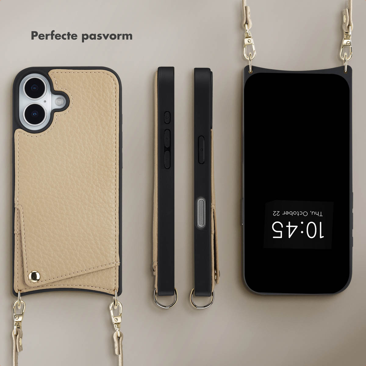 Afbeelding toont drie telefoonhoesjes met bandjes. Een beige leren hoesje, twee zwarte hoesjes. De telefoon rechts toont de tijd.