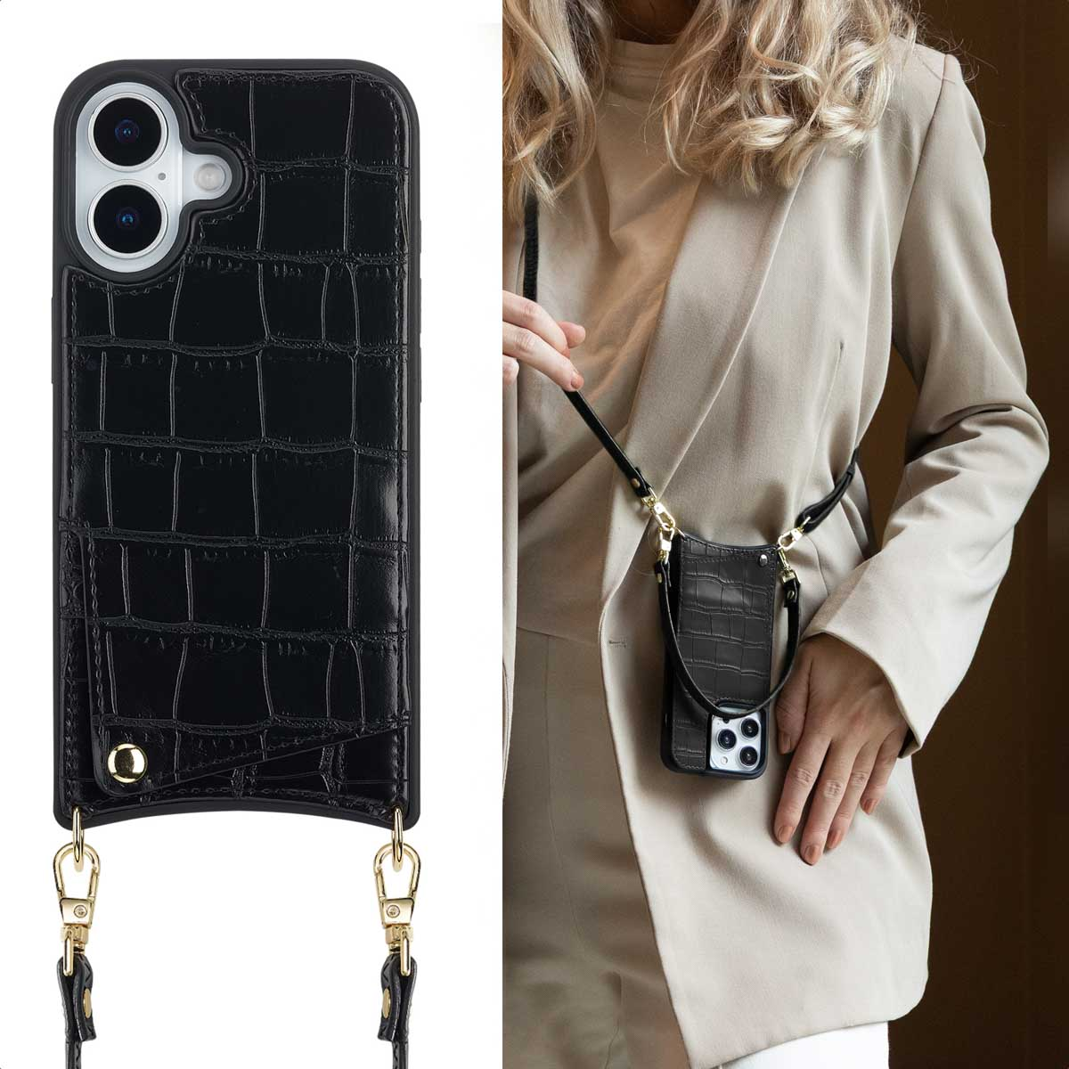 Een persoon met een beige blazer houdt een zwarte telefoonhoes met een riem vast. De hoes heeft een krokodillenleren patroon en gouden hardware.